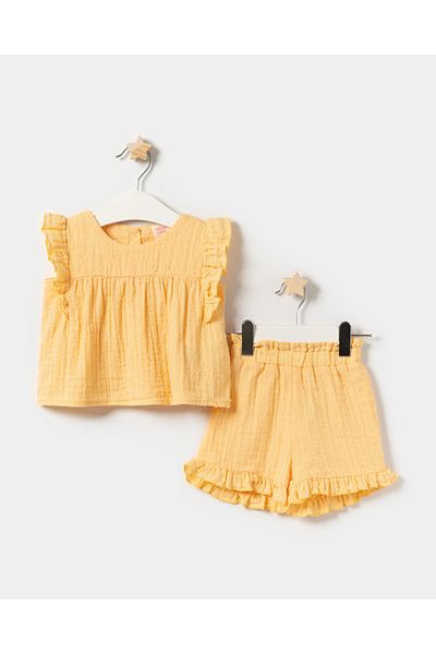 Minipodyum Baby Girl Ruffle Detailed Muslin Summer Double Set