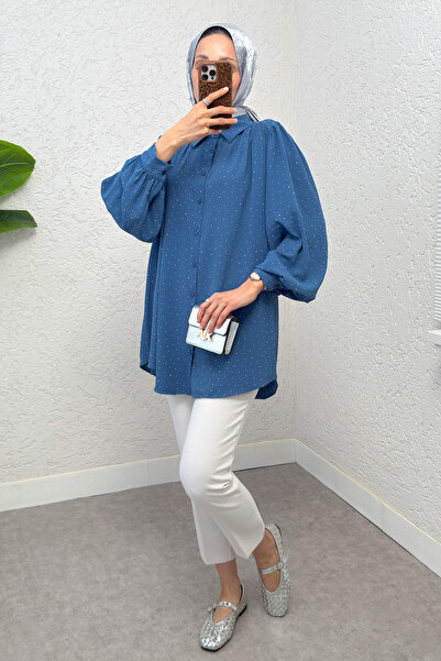 Salih Çelebi Stone Decorated Balloon Sleeve Shirt 2284 - Indigo