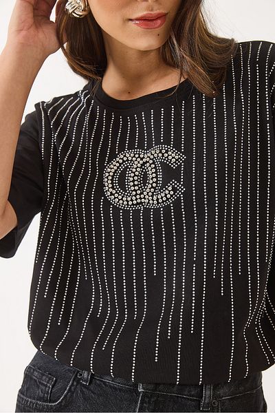 Bianco Lucci Women's Crew Neck Short Sleeve Beaded Stone Printed Casual T-Shirt 60283037