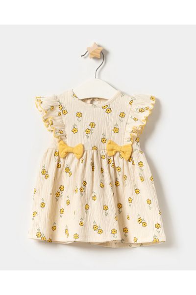 Minipodyum Baby Girl Bow Detailed Floral Knitted Muslin Summer Dress