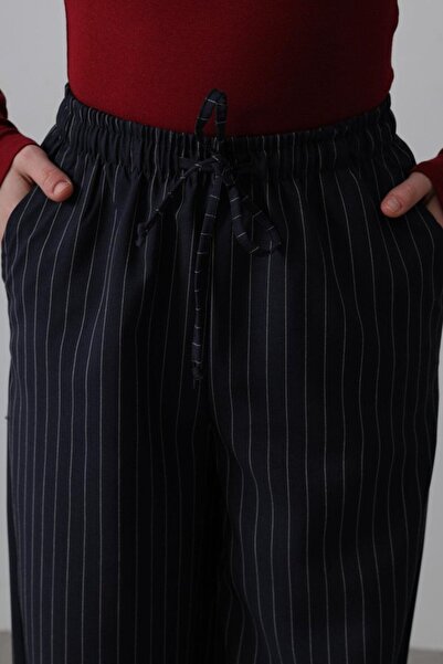 BY ELİZE بنطلون إيدوليكا واسع الساقين بخصر مطاطي - أزرق داكن-أبيض