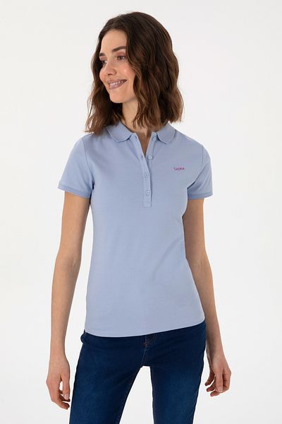U.S. Polo Assn. Tricou de bază cu gât polo albastru deschis pentru femei 50305764-VR003