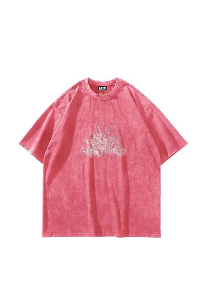 Sekizbiraltı Ροζ μπλουζάκι με στάμπα Flame Stone Oversize Unisex που πλένεται