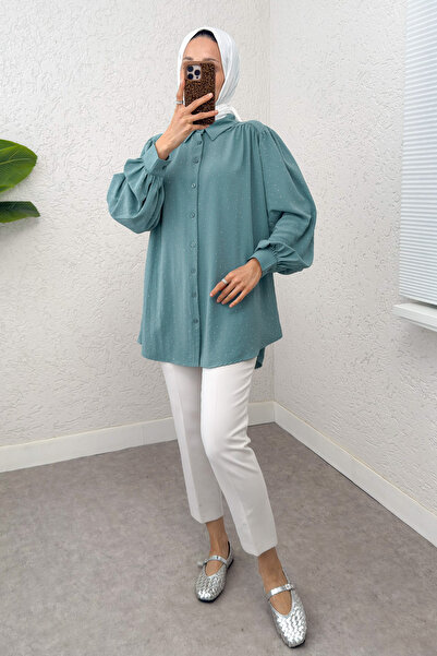 Salih Çelebi Stone Decorated Balloon Sleeve Shirt 2284 - Green