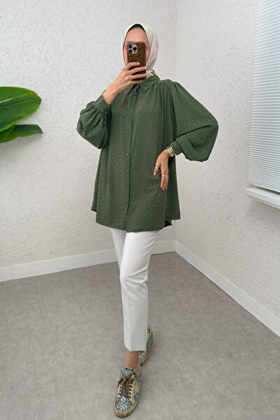 Salih Çelebi Stone Decorated Balloon Sleeve Shirt 2284 - Khaki