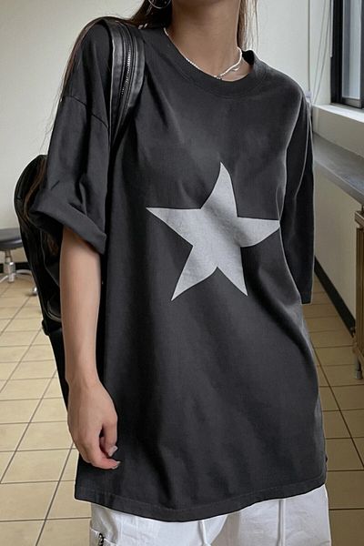 Trendseninle Μπλουζάκι Unisex Anthracite Crew Neck Star με στάμπα oversize