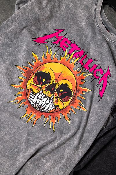 Sekizbiraltı Metallica Sun Printed Oversize Unisex Πλενόμενο Λευκό Tshirt