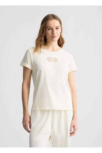 Liu Jo Women's 100% Cotton Regular Fit Ecru T-Shirt Round Neck Short Sleeve