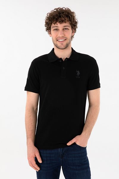 U.S. Polo Assn. تي شيرت أسود أساسي بياقة بولو بقصة ضيقة للرجال 50305929 -vr046