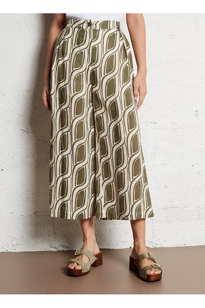 Liu Jo Women's High Waist Patterned Relaxed Cut Midi Length Green Trousers Wa5484T6862-M9531