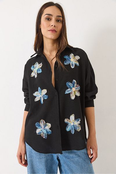 Bianco Lucci Women's Tulle Floral Accessory Long Sleeve Cotton Shirt 6526 60283057