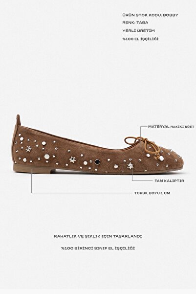 NİŞANTAŞI SHOES Bobby Tan valódi velúr bőr kiegészítők, részletes lapos talpú női balerinák
