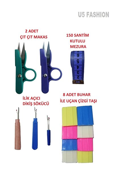 U5 FASHION 14 Parça Dikiş Seti Mezura Makas Çizgi Taşı Dikiş Sökücü Hobi Terzi Seti