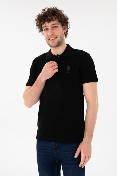 U.S. Polo Assn. تي شيرت أسود أساسي بياقة بولو بقصة ضيقة للرجال 50305929 -vr046