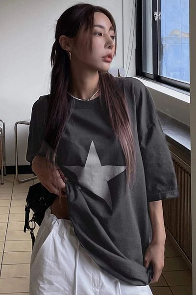 Trendseninle Μπλουζάκι Unisex Anthracite Crew Neck Star με στάμπα oversize