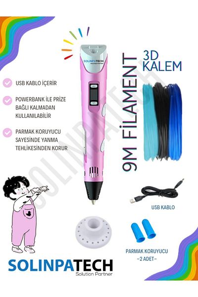 SolinpaTech 3d Pen Pink Three-dimensional Printer Pen Printer - 3 Adept 3 Meter Filament (9 Meters Usb Cable Included)