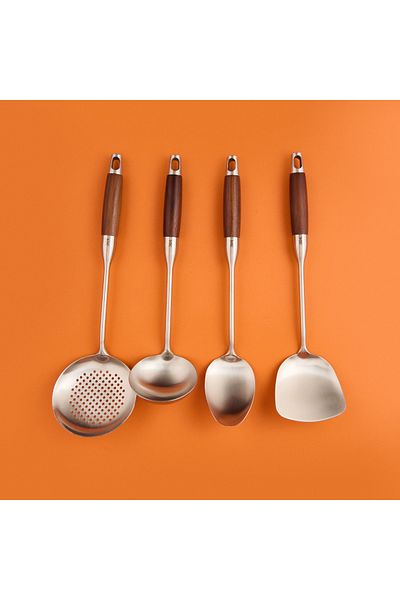 AROW Set of 4 Wooden Handle Ladles - Gray / Brown