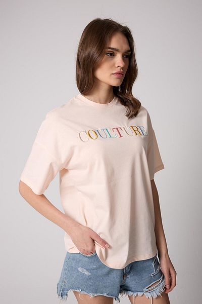 AMİDA Women's T-Shirt Puda Pink Culture Embroidered Oversize Basic - 2508