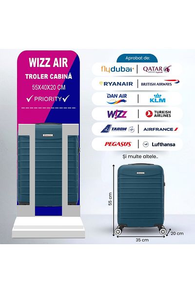 Quasar & Co. Set 2 Trolere Cabina, ®,40x30x20cm Roti Detasabile/55x36x20cm,cifru,abs,albastru Petrol