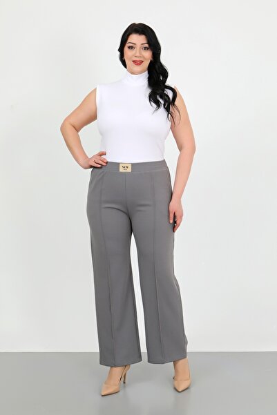 By Alba Collection Women's Gray Elastic Waist Lycra High Waist Large Size Trousers