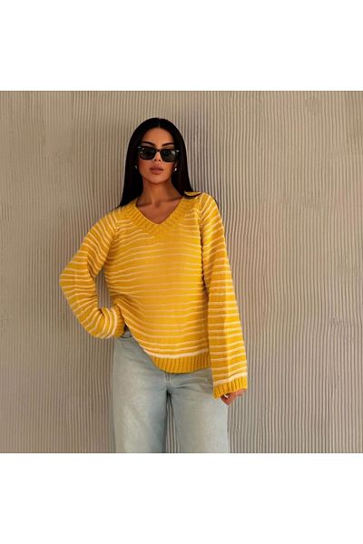 SHUGAA Women's V-Neck Striped Soft Sweater