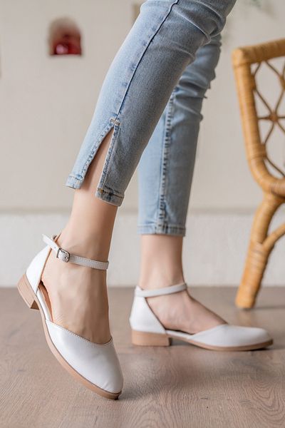 DURUNUN BUTİĞİ Ena White Ankle Strap Daily Use Ballerinas