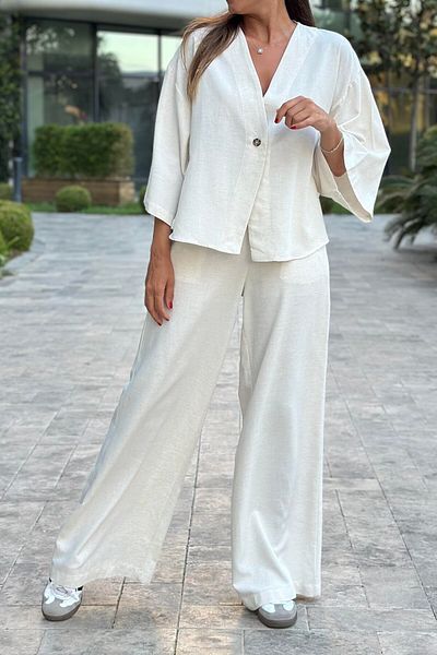 Suzi Women's Stone Color Linen Single Button Kimono Pants Suit 4S5139