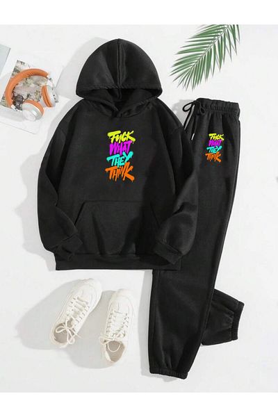 RPT MODA Oversized Colorful What Print Detail Hooded Kangaroo Pocket Double Set Tracksuit Bottom and Top