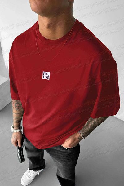 Teenage Millionaire Men's Red Free Life Crew Neck Oversize Salas T-Shirt
