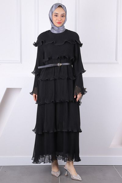 İmajButik Μαύρο φόρεμα σιφόν με πλισέ με ζώνη
