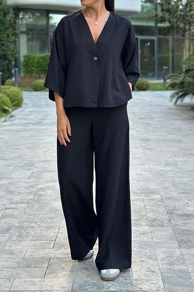 Suzi Women's Black Color Linen Single Button Kimono Pants Suit 4S5139