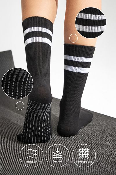 bamboo star Bamboo Women's Black Non-Slip Sole Silicone Print Yoga Fitness Pilates Ballet Dance Tennis Socks 3-Pack