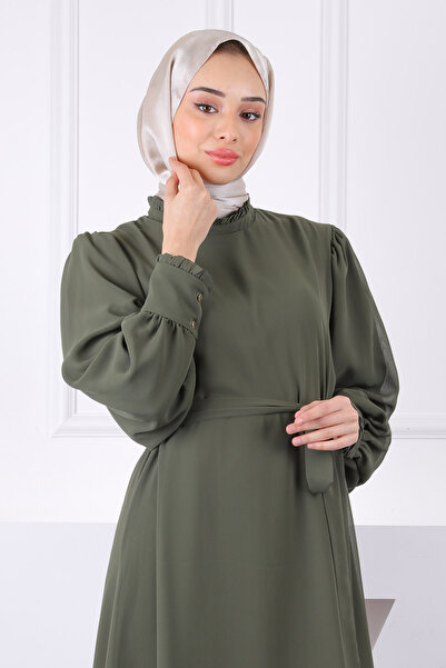 İmajButik Φόρεμα σιφόν με βολάν με χακί γιακά