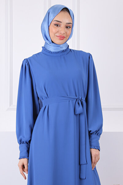İmajButik İndigo Yaka Fırfırlı Kuşaklı Şifon Elbise
