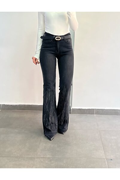 Birru Butik Kadın Yüksek Bel Taşlı İspanyol Paça Full Likra Kot Pantolon