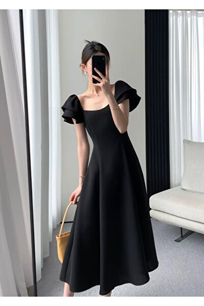 Styling Park Kolu Volan Detaylı Midi Boy Kısa Kol Elbise