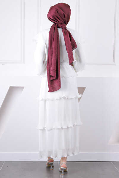 İmajButik Ecru Layered Pleated Belted Chiffon Dress