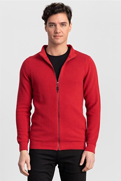 Tudors Men's Patterned Half Turtleneck Zippered Red Cardigan