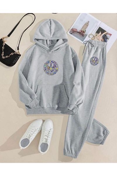 RPT MODA Oversized Flower Emojis Print Detail Hooded Kangaroo Pocket Double Set Tracksuit Bottom and Top