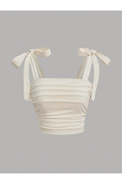 MOONBULL Women's Crop Blouse with Tie-Up Shoulders