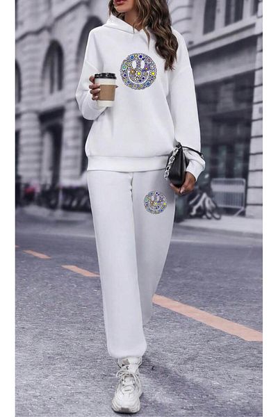 RPT MODA Oversized Flower Emojis Print Detail Hooded Kangaroo Pocket Double Set Tracksuit Bottom and Top