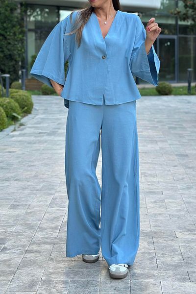 Suzi Women's Blue Color Linen Single Button Kimono Pants Suit 4S5139
