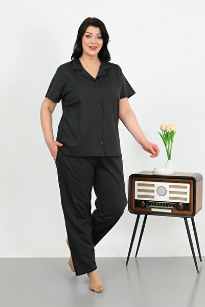 Akbeniz Women's Plus Size Cotton Pocket Buttoned Black Pajama Suit 202507