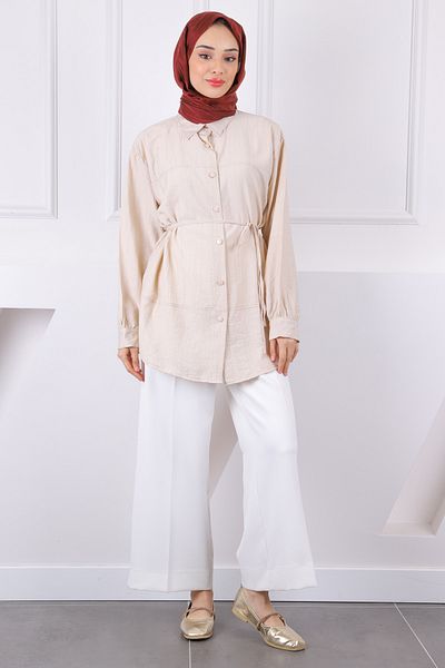 İmajButik Μπεζ πουκάμισο με ζώνη