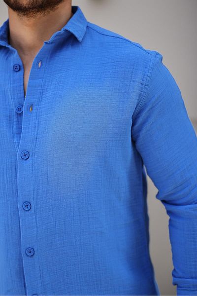 Valiberta Breathable Muslin Fabric Long Sleeve Collared Men's Shirt - Parliament Blue