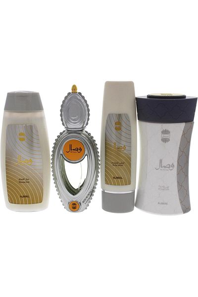 Ajmal Wisal Gift Set for Unisex, 50ml PERFUME,200ml SHOWER GEL,100ml BODY LOTION & 80 GRAMS POWDER