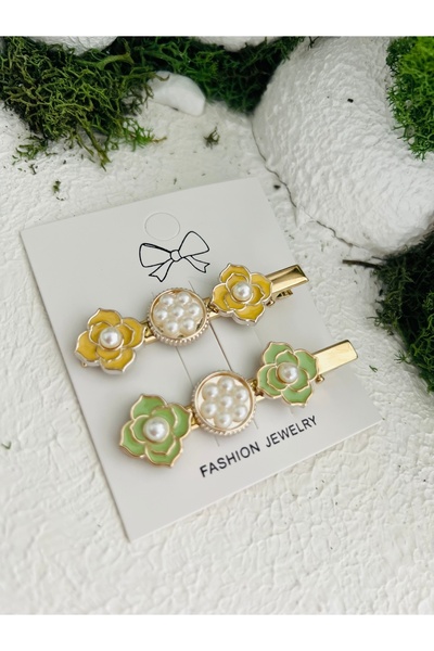Derin Düşler Adult Children's Hair Clip Set of 2 Yellow Green Stone Hair Clips