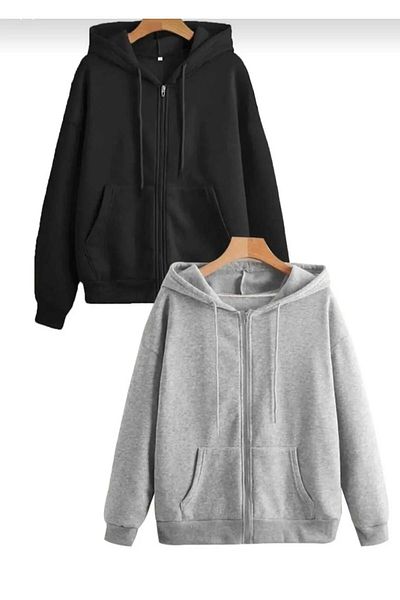 NO 601 Unisex Gray-Black 2-Piece Zippered Hooded Cardigan Jacket