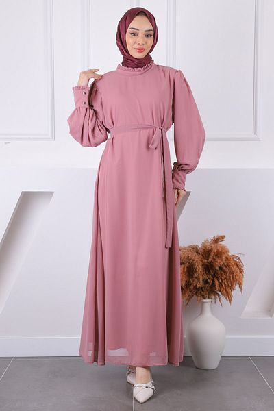 İmajButik Φόρεμα σιφόν με βολάν με λαιμόκοψη σε πούδρα