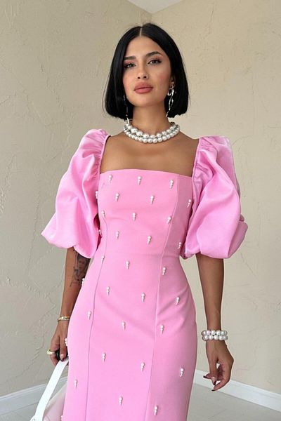 KAZAK Pink Embroidered Sleeve Garnished Dress